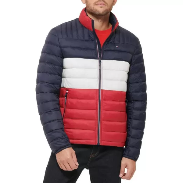 Tommy Hilfiger Mens Ultra Loft Lightweight Packable Puffer Jacket Standard and Big  TallMidnightIceRed Colorblock