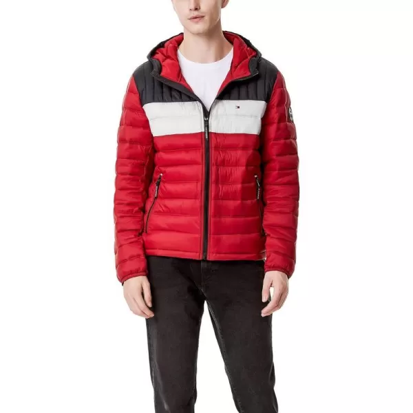 Tommy Hilfiger Mens Water Resistant Ultra Loft Filled Hooded Puffer JacketBlackIceRed Colorblock