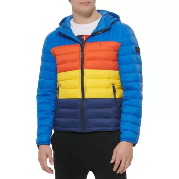 Tommy Hilfiger Mens Water Resistant Ultra Loft Filled Hooded Puffer JacketBlue Multi Colorblock