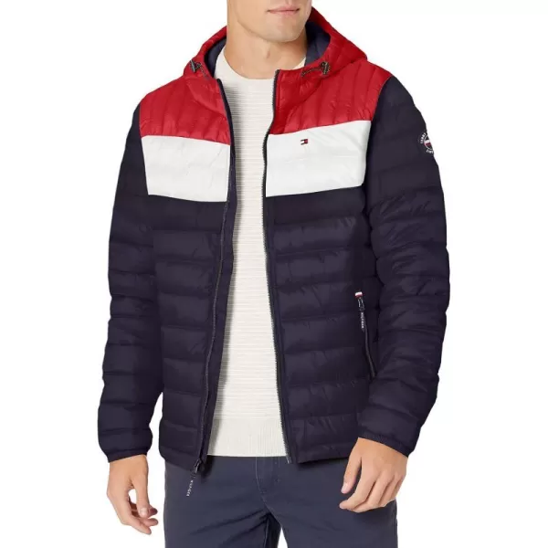 Tommy Hilfiger Mens Water Resistant Ultra Loft Filled Hooded Puffer JacketMidnightIceRed Flag Colorblock