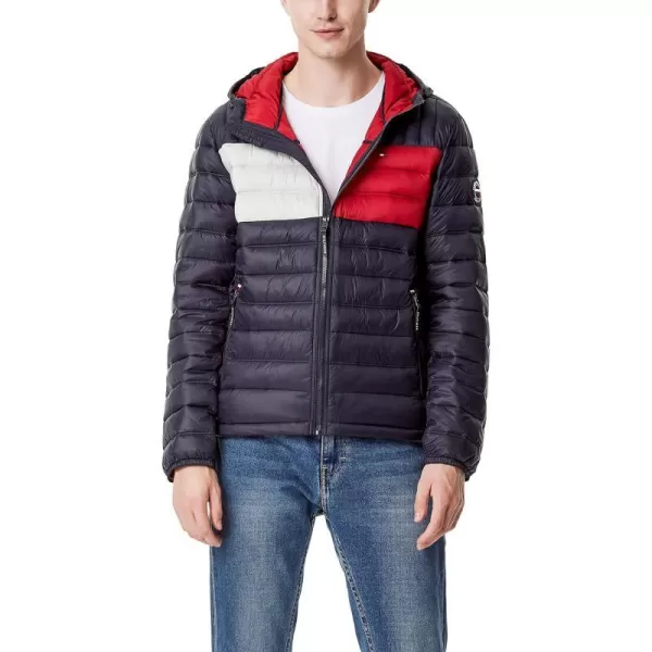 Tommy Hilfiger Mens Water Resistant Ultra Loft Filled Hooded Puffer JacketNavy Flag Colorblock