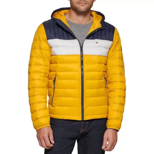 Tommy Hilfiger Mens Water Resistant Ultra Loft Filled Hooded Puffer JacketYellow Tricolor Stripe