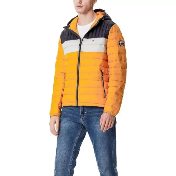 Tommy Hilfiger Mens Water Resistant Ultra Loft Filled Hooded Puffer JacketYellowIceNavy Colorblock