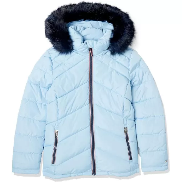 Tommy Hilfiger Women Contrast Zipper Fur Hood Short Puffer JacketCerulean