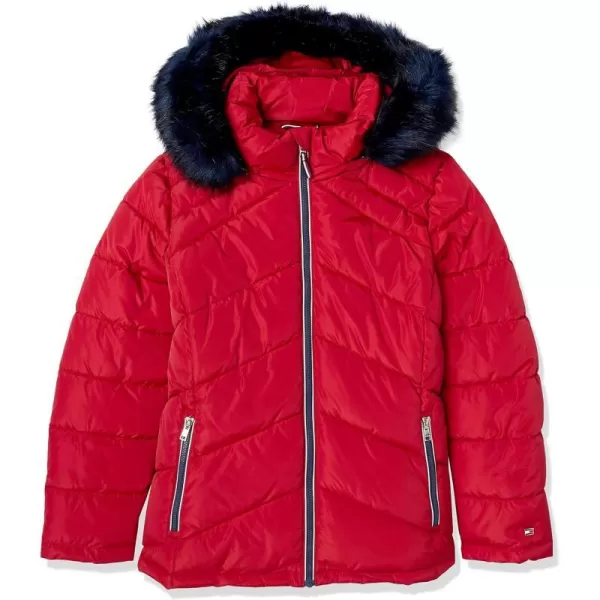 Tommy Hilfiger Womens Contrast Zipper Fur Hood Short Puffer JacketCrimson