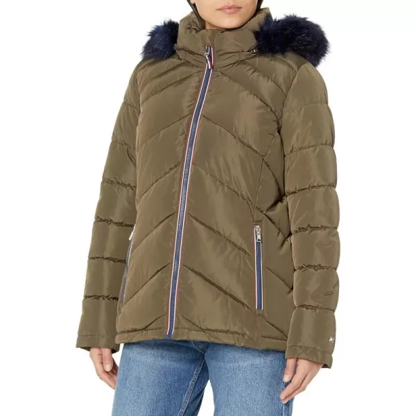 Tommy Hilfiger Womens Contrast Zipper Fur Hood Short Puffer JacketJuniper