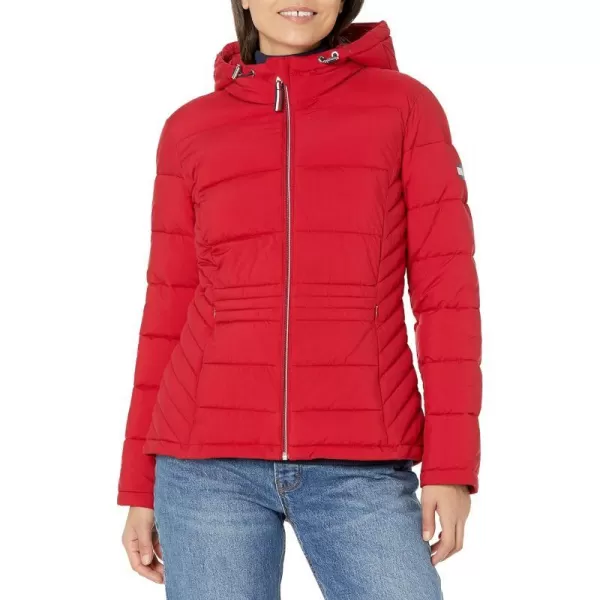 Tommy Hilfiger Womens Hooded Zip Front Short Packable JacketCrimson