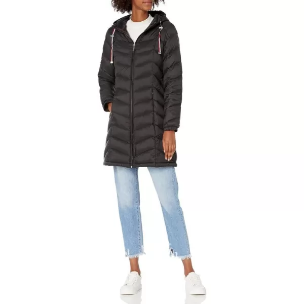 Tommy Hilfiger Womens MidLength Puffer Hooded Down Jacket with Drawstring Packing BagBlack