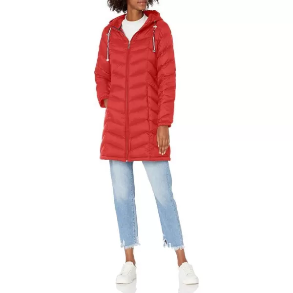 Tommy Hilfiger Womens MidLength Puffer Hooded Down Jacket with Drawstring Packing BagCrimson