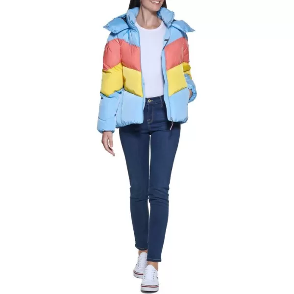 Tommy Hilfiger Womens Multi Color Chevron Striped Hooded Short Puffer JacketPlacid Blue