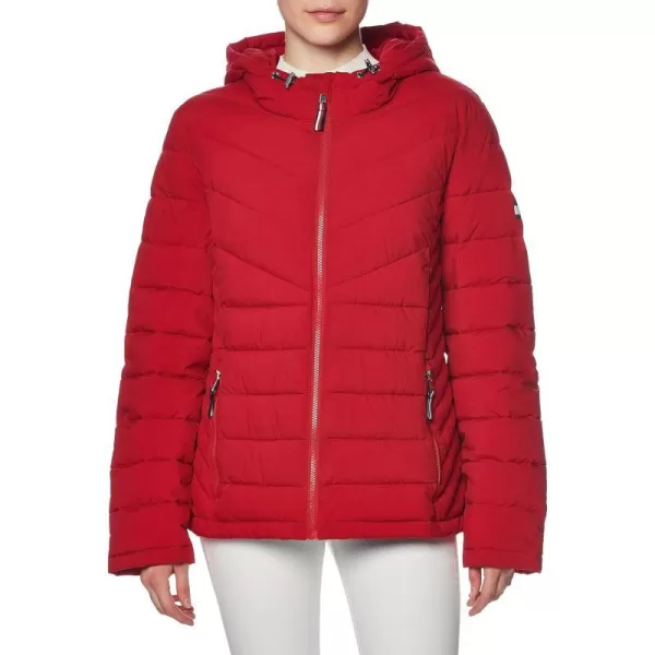 Tommy Hilfiger Womens Puffer Lightweight Hooded Jacket with Drawstring Packing BagCrimson