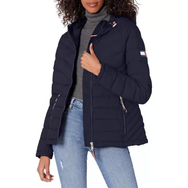 Tommy Hilfiger Womens Puffer Lightweight Hooded Jacket with Drawstring Packing BagNavy