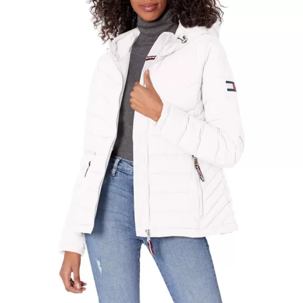 Tommy Hilfiger Womens Puffer Lightweight Hooded Jacket with Drawstring Packing BagWhite