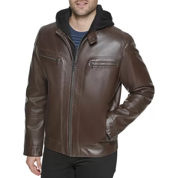 Calvin Klein Mens Motorcycle Jacket With Removable HoodieMoto Brown