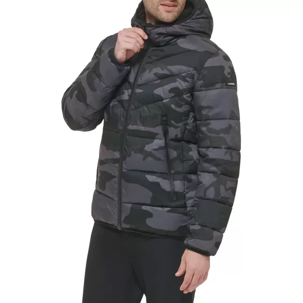 Calvin Klein Mens Snap Front Puffer JacketHooded Stretch Black Camo