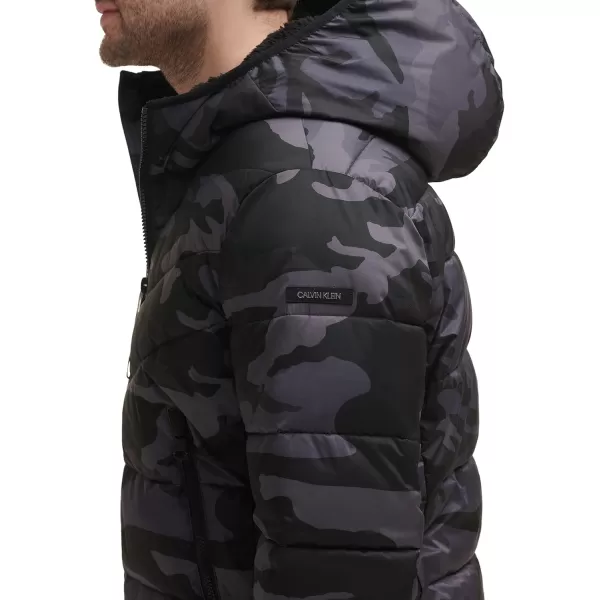 Calvin Klein Mens Snap Front Puffer JacketHooded Stretch Black Camo