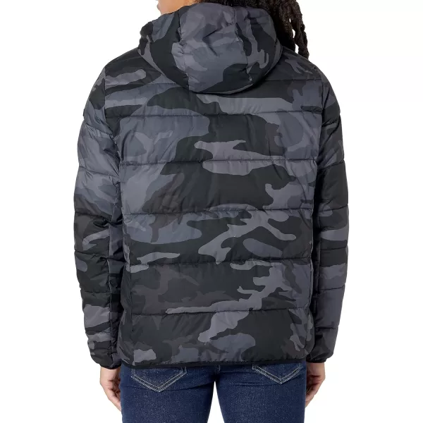 Calvin Klein Mens Snap Front Puffer JacketHooded Stretch Black Camo