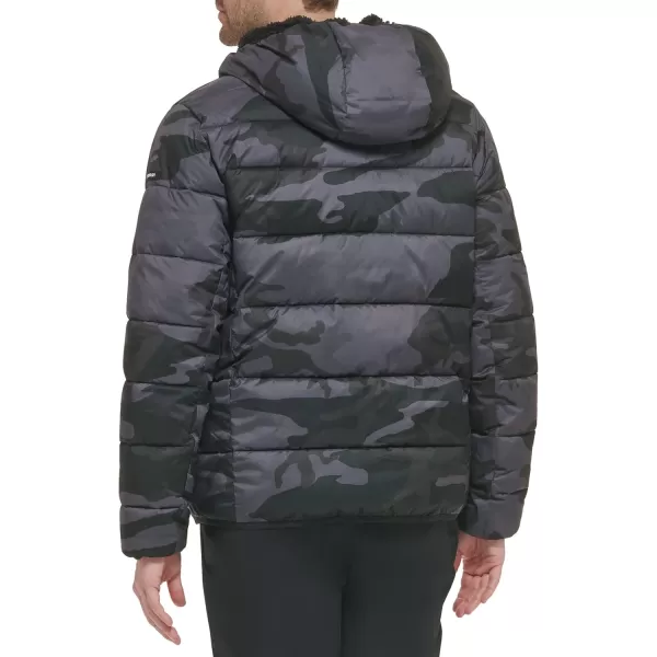 Calvin Klein Mens Snap Front Puffer JacketHooded Stretch Black Camo