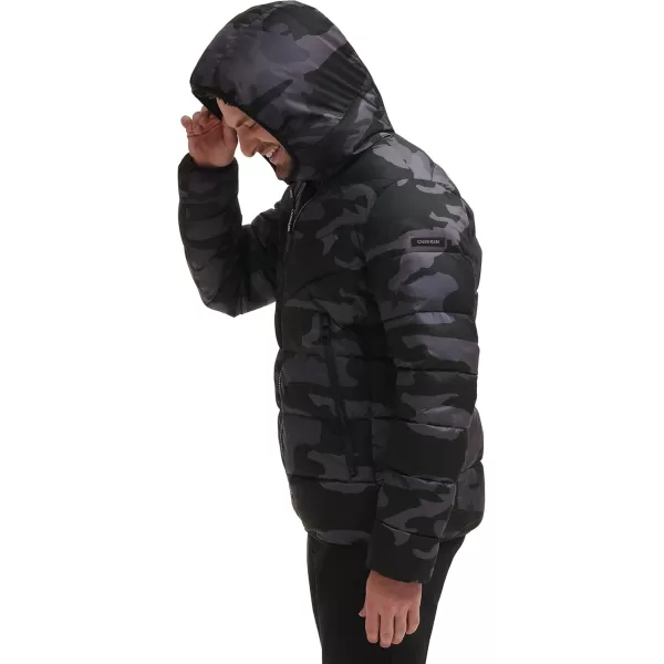 Calvin Klein Mens Snap Front Puffer JacketHooded Stretch Black Camo