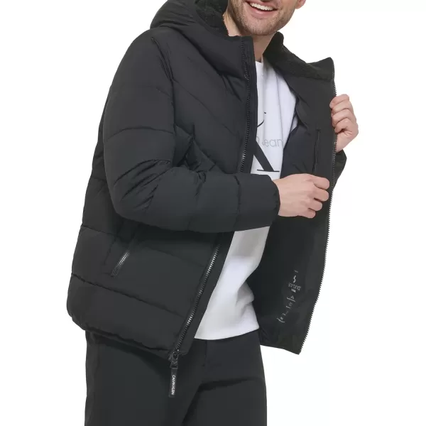 Calvin Klein Mens Snap Front Puffer JacketHooded Stretch Ebony