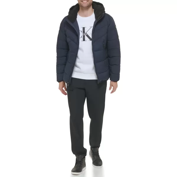 Calvin Klein Mens Snap Front Puffer JacketHooded Stretch True Navy