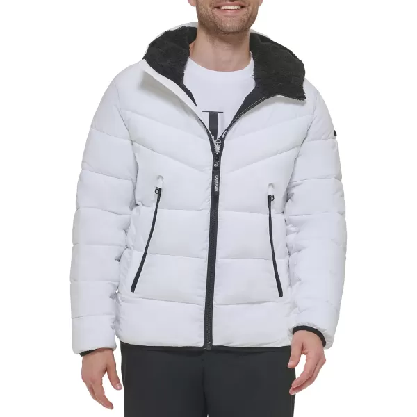 Calvin Klein Mens Snap Front Puffer JacketHooded Stretch White