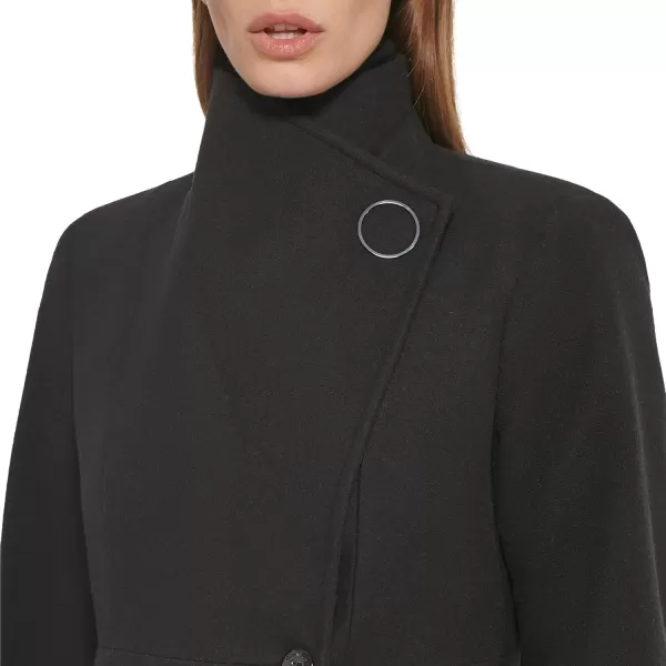 Calvin Klein Womens Ring Snap Detail Asymmetrical Closure Stand Collar Welt Pockets CoatAsymmetrical Black