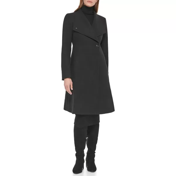 Calvin Klein Womens Ring Snap Detail Asymmetrical Closure Stand Collar Welt Pockets CoatAsymmetrical Black