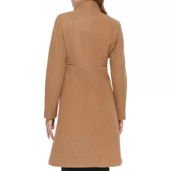 Calvin Klein Womens Ring Snap Detail Asymmetrical Closure Stand Collar Welt Pockets CoatAsymmetrical Dark Camel Melange