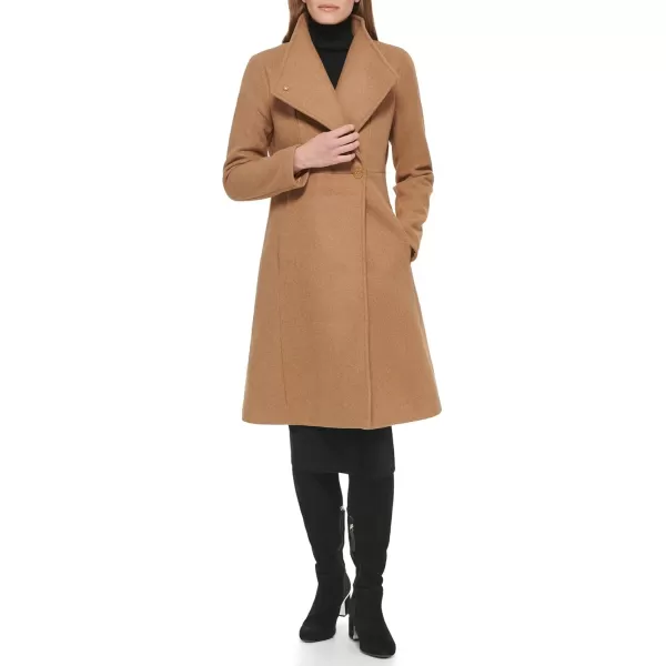 Calvin Klein Womens Ring Snap Detail Asymmetrical Closure Stand Collar Welt Pockets CoatAsymmetrical Dark Camel Melange