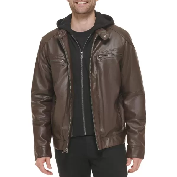 Calvin Klein Mens Motorcycle Jacket With Removable HoodieMoto Brown