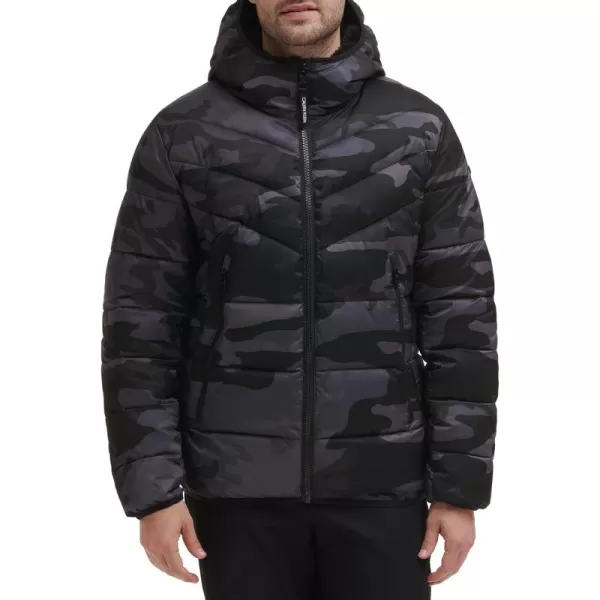 Calvin Klein Mens Snap Front Puffer JacketHooded Stretch Black Camo