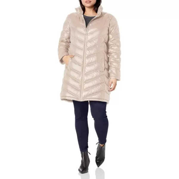 Calvin Klein Womens Chevron Quilted Packable Down Jacket Standard and PlusGlossy Pearlized Cappuccino