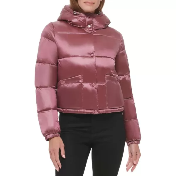 Calvin Klein Womens Lightweight Cropped Hooded Snap Pockets PufferSnap Pocket Pearlized Raspberry Wine