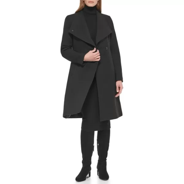 Calvin Klein Womens Ring Snap Detail Asymmetrical Closure Stand Collar Welt Pockets CoatAsymmetrical Black