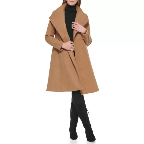 Calvin Klein Womens Ring Snap Detail Asymmetrical Closure Stand Collar Welt Pockets CoatAsymmetrical Dark Camel Melange