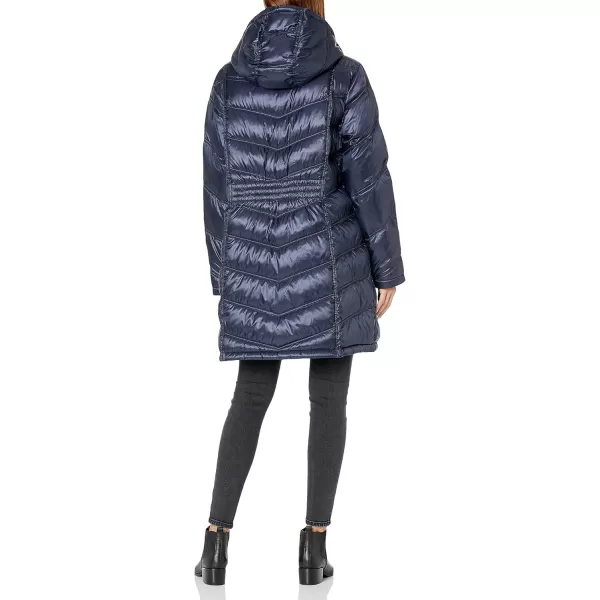 Calvin Klein Womens Long Chevron Puffer JacketHooded Glossy Shine Dark Indigo