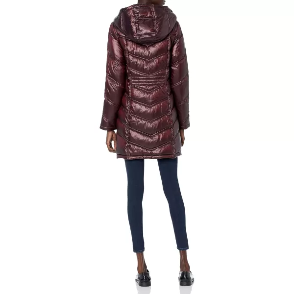 Calvin Klein Womens Long Chevron Puffer JacketHooded Glossy Shine Wine