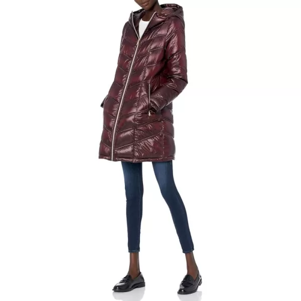 Calvin Klein Womens Long Chevron Puffer JacketHooded Glossy Shine Wine