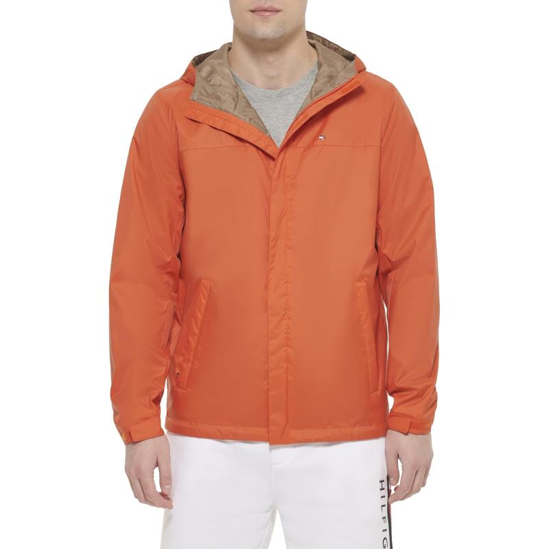 imageTommy Hilfiger Mens Lightweight Breathable Waterproof Hooded Rain JacketOrange