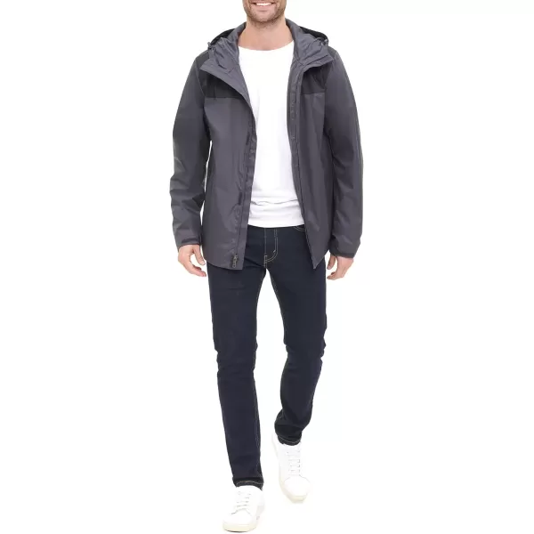 imageTommy Hilfiger Mens Lightweight Breathable Waterproof Hooded Rain JacketCharcoalBlack Colorblock