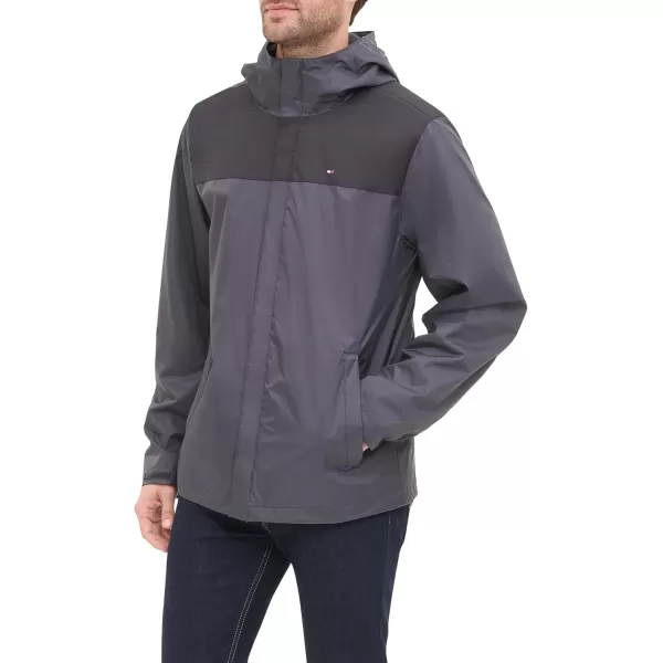 imageTommy Hilfiger Mens Lightweight Breathable Waterproof Hooded Rain JacketCharcoalBlack Colorblock