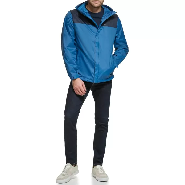 imageTommy Hilfiger Mens Lightweight Breathable Waterproof Hooded Rain JacketNavyBlue Coast Colorblock