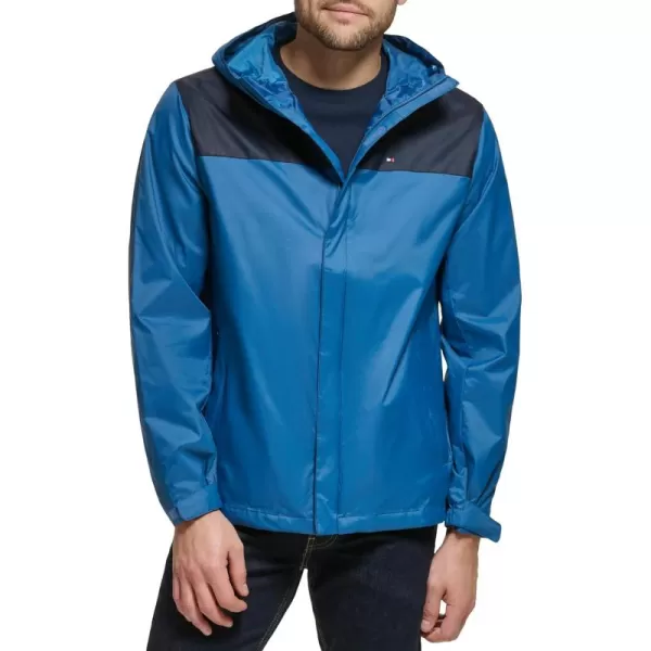 imageTommy Hilfiger Mens Lightweight Breathable Waterproof Hooded Rain JacketNavyBlue Coast Colorblock