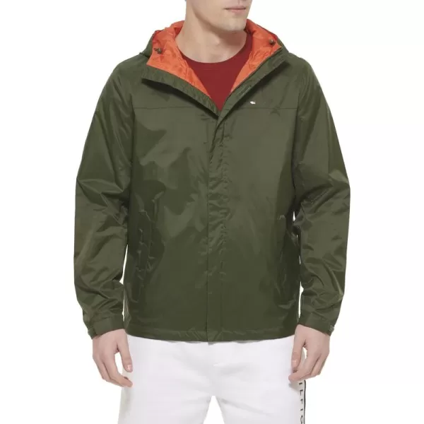 imageTommy Hilfiger Mens Lightweight Breathable Waterproof Hooded Rain JacketOlive