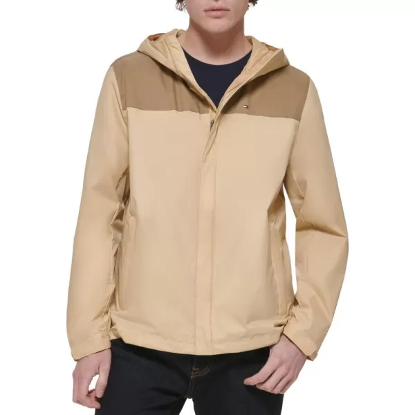 imageTommy Hilfiger Mens Lightweight Breathable Waterproof Hooded Rain JacketTanKhaki Colorblock