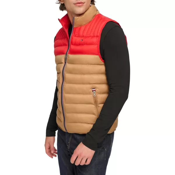 imageTommy Hilfiger Mens Lightweight Packable Puffer Vest JacketKhakiRed Colorblock