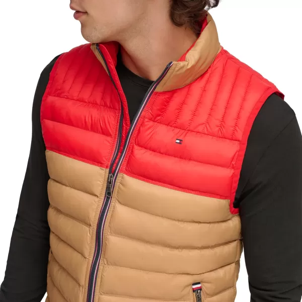 imageTommy Hilfiger Mens Lightweight Packable Puffer Vest JacketKhakiRed Colorblock