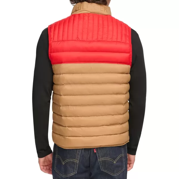 imageTommy Hilfiger Mens Lightweight Packable Puffer Vest JacketKhakiRed Colorblock