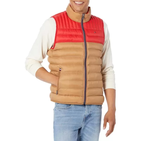 imageTommy Hilfiger Mens Lightweight Packable Puffer Vest JacketKhakiRed Colorblock